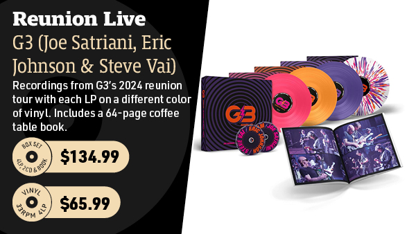 G3 (Joe Satriani, Eric Johnson & Steve Vai) Reunion Live 4LP, 2CD & Book Colored Vinyl Box Set and 4LP Black Vinyl