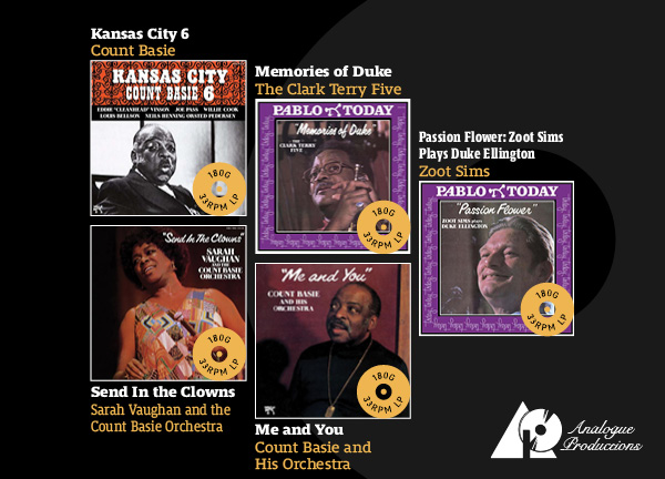 Analogue Production Pablo Series - Count Basie Kansas City 6; The Clark Terry Five Memories of Duke; Zoot Sims Passion Flower: Zoot Sims Plays Duke Ellington, Sarah Vaughan Send in the Clows; Count Ba